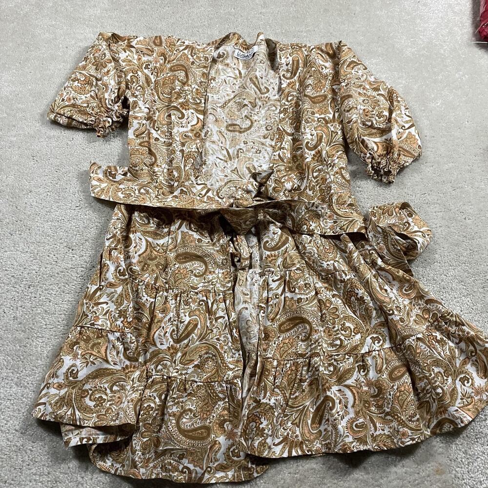 Lusana Dress‎ Womens Small Brown White Paisley Linen Boho Tiered Mini Ruffle Hem